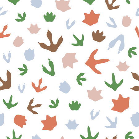 Dinosaur footprints seamless pattern background of cartoon prehistoric dino, vector lizards foot prints. Jurassic dinosaur footprint pattern background for kids of colorful paws from reptiles dragonsのイラスト素材