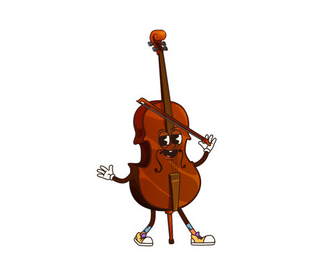 Cartoon violin groovy musical instrument character. Isolated vector fiddle playing classic music on itself. Musician equipment personage with smiling face and bow in hand promoting educational classesのイラスト素材
