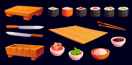 Cartoon japanese utensils for sushi and rolls, asian cuisine food cooking tools. Vector maki sushi rolls, chopsticks and knives, soy sauce, rice, wasabi or ginger bowls, bamboo mat, wooden plate, moldのイラスト素材