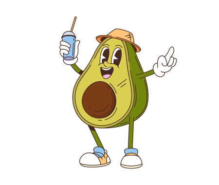 Cartoon retro groovy avocado character with funny face, vector comic emoji. Groovy avocado with soda drink or smoothie in hipster hat and shoes with funky happy smile for cartoon fruits and vegetablesのイラスト素材