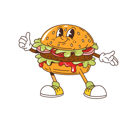 Cartoon retro groovy fast food hamburger character with funny face, vector comic art. Groovy funky fast food burger or cheeseburger with thumb up gesture and freaky happy smile in retro cartoonのイラスト素材