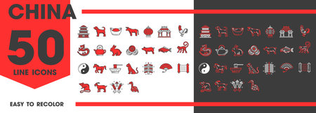 China landmark, travel and holiday line icons. Vector chinese buildings, food, culture and zodiac outline symbols. Asian horoscope dragon, ancient temple, tea and noodles, gate, lantern and fanのイラスト素材