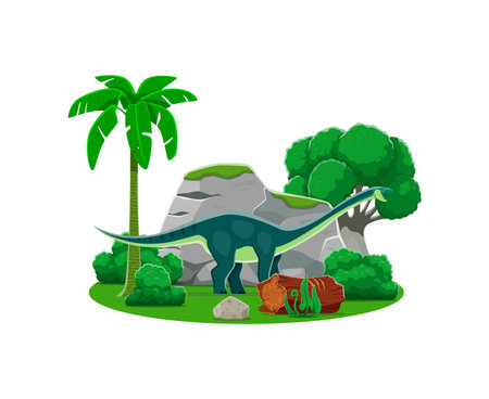 Amygdalodon prehistoric dinosaur cartoon character. Isolated vector dino with green skin, long neck and tail standing at natural Jurassic era habitat landscape with rocks, fallen log and palm treesのイラスト素材