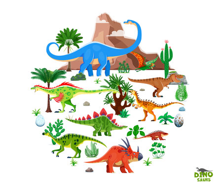 Prehistoric dinosaurs banner with Jurassic lizards and dino characters, vector background. Funny T-rex tyrannosaurus and dinosaurs in jungle forest for kids dino world atlas book or encyclopediaのイラスト素材
