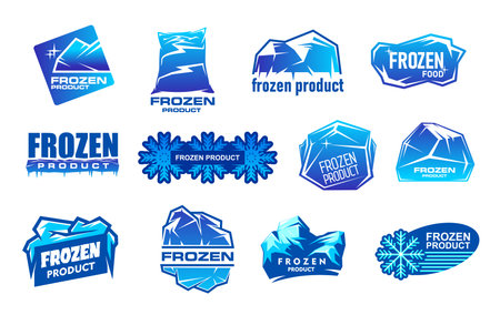 Frozen product icons with vector ice crystals and cubes, snowflakes, glacier and icicles. Frozen product, keep cold food and drinks packaging labels set. Blue ice blocks and frost chunks isolated tagsのイラスト素材