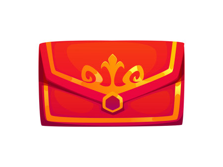 Traditional Chinese red envelope for lunar new year holiday. Isolated cartoon vector package with gold decorative accents, used in Chinese culture for gifting money during festivals and celebrationsのイラスト素材