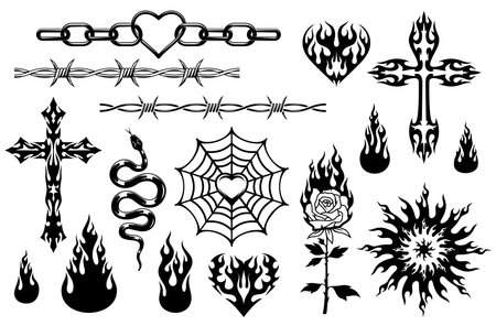 Y2K tribal tattoo set in abstract and gothic art with fire flames, vector stickers. Y2K modern trendy tattoo set of barbed chain with rose flower and Celtic cross or viper snake and heart in spiderwebのイラスト素材