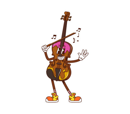 Cartoon groovy violin musical character. Isolated vector fiddle instrument personage playing classic music on itself. Musician equipment with smiling face and bow in hand promoting educational classesのイラスト素材