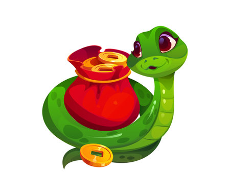 Cartoon funny snake curls around red sack filled with gold coins. Isolated vector green festive Chinese zodiac animal reptile represents wealth, tradition and prosperity for the 2025 lunar yearのイラスト素材