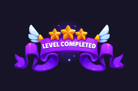 Game asset featuring a level completed badge icon with a purple ribbon, three golden stars, and wings. Cartoon vector banner for enhancing gaming interfaces and victory screens, conveying achievementのイラスト素材