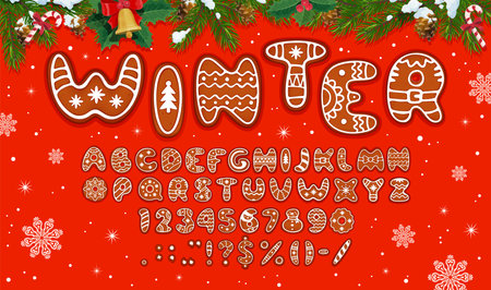 Christmas cookie font of Xmas biscuit type and gingerbread bakery typeface, vector alphabet letters, numbers and symbols. Gingerbread cookie font with snowflakes for Christmas or New Year holiday typeのイラスト素材