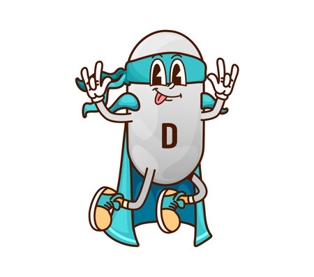 Cartoon groovy vitamin D superhero character. Vector ergocalciferol micronutrient defender, comics book retro personage in cape and mask. Pill or capsule supplement, fantasy powerful super hero bubbleのイラスト素材