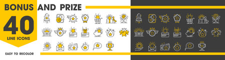 Special bonus benefits and prize reward line icons with stars and victory cup, vector symbols. Bonus award line icons of trophy medals and gift badges with wings or money bags and prize reward couponのイラスト素材
