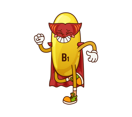 Cartoon groovy vitamin B1 superhero character. Isolated vector lively Thiamin pill flexes its muscles with a big grin, wearing red cape and mask. Playful defender capsule embodying strength and energyのイラスト素材