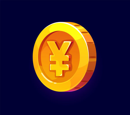 Cartoon golden yen coin game asset, vector icon features shiny, polished surface with a smooth, circular shape, engraved yen symbol in center and shimmering reflections, symbolizing wealth and fortuneのイラスト素材