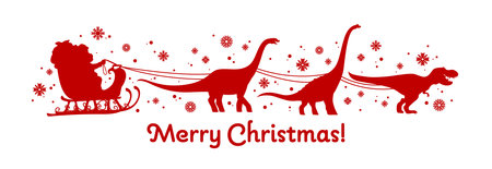 Santa on Christmas sleigh with dinosaurs for winter holiday, cartoon vector silhouette. Merry Christmas greetings with T Rex tyrannosaurus dinosaur as reindeer in sleigh with Santa and New Year giftsのイラスト素材