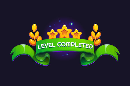Level completed game asset, badge or icon. Vector gui interface popup reward element with gold stars, laurel branches and green banner. Award bonus for mobile app, video or online game success prizeのイラスト素材