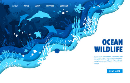 Paper cut ocean underwater landscape landing page template with sea animals and fish vector silhouettes. Dolphin, octopus, squid and whale, sea turtle and jellyfish webpage with 3d paper cut borderのイラスト素材