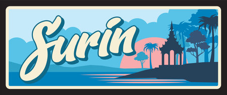Surin province of Thailand vector travel plate and tin sign. Mun river, banaba flower and leaf ornaments of Thai provincial seal, Asian travel and tourism design of nature landscapeのイラスト素材