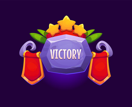 Game victory award or UI reward badge for level complete, vector GUI element. Victory icon with cartoon gemstone, golden stars and ribbons, shield or badge for game winner award and trophy bonus popupのイラスト素材