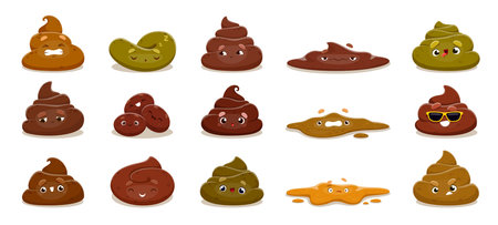 Cartoon poop emoji, poo characters with funny faces, sunglasses and cute smiles. Happy poop and excrement vector emojis, brown toilet shit and stinky poo emoticons. Isolated piles of crap and fecesのイラスト素材