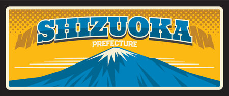 Shizuoka prefecture of Japan, Japanese Chubu region. Vector travel plate, vintage sign, retro postcard design. Plaque with Fuji mountain peak, trip destination, sticker souvenir or magnetのイラスト素材