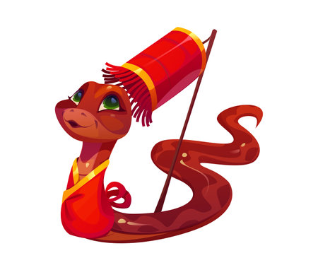 Cartoon snake character holding a red festival lantern, symbolizing the Chinese lunar year, wealth and prosperity. Charming vector zodiac reptile animal conveys a festive and traditional atmosphereのイラスト素材