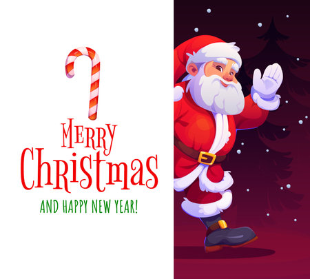 Christmas Santa character with holiday banner and greetings, vector background. Santa cartoon character waving hand with candy cane and greeting poster for Merry Christmas and Happy New Yearのイラスト素材