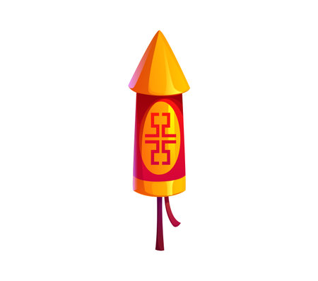 Bright red and yellow firework rocket with a traditional Chinese symbol, representing prosperity and good fortune used in festive celebrations like Chinese Lunar New Year for luck, joy and excitementのイラスト素材