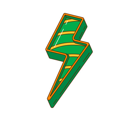 Cartoon retro groovy thunderbolt lightning, saint Patrick day holiday symbol. Isolated vector green striped flash, electric zigzag bolt shape in style of Ireland, embodying free-spirited fest energyのイラスト素材