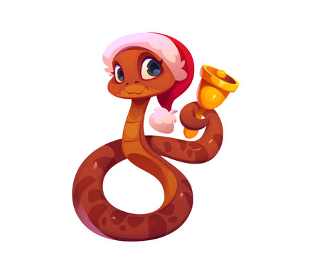 Cute cartoon 2025 Chinese lunar year snake character wearing Santa hat and holding shiny gold bell. Isolated vector reptile animal with happy expression, festive and cheerful holiday zodiac symbolのイラスト素材