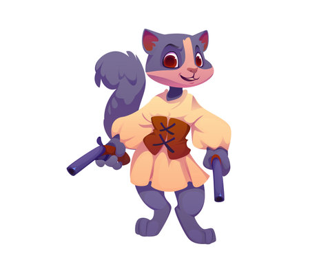 Cartoon funny cat pirate animal character wielding pistols. Isolated vector whiskered kitten corsair personage wearing white dress and leather corset, sails the high seas with mischievous grin and funのイラスト素材