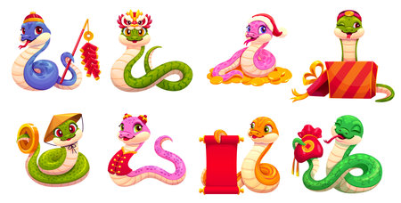 Chinese new lunar year cartoon snake characters. Cartoon vector reptiles, symbol of 2025 year with gold coin, money sack, red scroll, gift box, santa or dragon hat conveys joy, prosperity, celebrationのイラスト素材