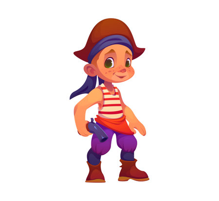 Cartoon funny kid boy pirate corsair character with pistol. Vector playful young child dressed as a sea captain, complete with cocked hat and colorful party costume, cheerfully holding toy gunのイラスト素材