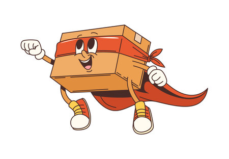 Groovy delivery cardboard box cartoon superhero character. Vector post service or express shipping retro personage. Isolated funny parcel, pack wearing red cape and sneakers, flying with raised fistのイラスト素材