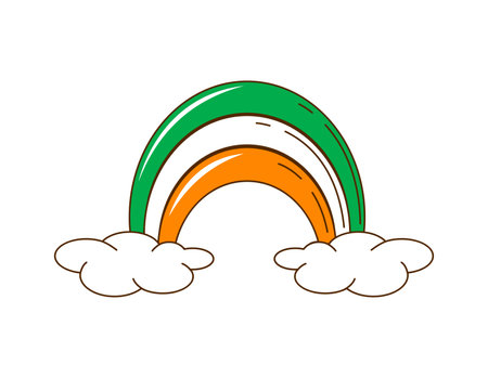 Cartoon retro groovy rainbow, saint Patrick day holiday symbol. Isolated vector irish vibrant rainbow with clouds and colors of national flag. Ireland sign of celebration, hope, luck and festivitiesのイラスト素材