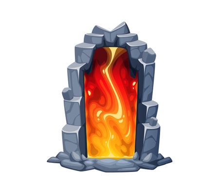 Fantasy game magic portal door, witchcraft teleport gate game asset. Mystical stone archway with vibrant, glowing plasma in shades of orange, red and yellow. Cartoon vector gateway to magical realmのイラスト素材