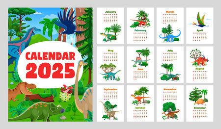 2025 year calendar with prehistoric dinosaur characters, vector template layout. 2025 year calendar with month grid and funny dino animals, lizards and reptiles of Jurassic era in jungle forest parkのイラスト素材