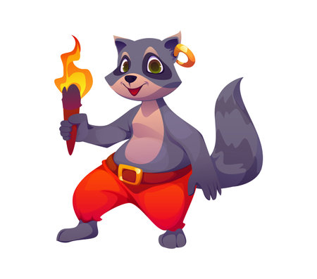 Cartoon funny raccoon animal character dressed as a pirate, complete with a gold earring and red pants, holding a torch with a playful smile. Isolated vector cute coon personage ready for adventureのイラスト素材