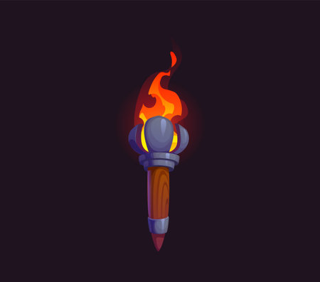 Torch, Medieval game cartoon fire light or ancient torchlight, vector GUI asset. Medieval castle dungeon or pirate torch with burning fire flame on wooden handle for fantasy adventure of arcade gameのイラスト素材