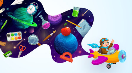 Kid pilot with galaxy space and education supplies wave, vector back to school and astronomy banner. Cartoon kid boy pilot character flying on plane with book, pencil and pen in dark space galaxy skyのイラスト素材