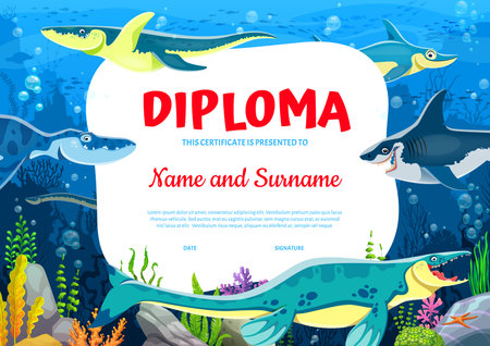 Kids diploma with underwater prehistoric dinosaurs characters in ancient ocean vector background frame. Education achievement certificate, graduation diploma, award or gift with cartoon dino animalsのイラスト素材