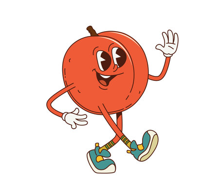 Cartoon retro groovy nectarine fruit character walking energetically, exuding sense of excitement and fun. Isolated vector ripe and cheerful peach fruit retro personage in vintage sneakers and glovesのイラスト素材