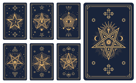 Tarot cards with occult symbols, Sun, Moon and stars vector line pattern. Magic, mystic and esoteric tarot cards deck, outline gold skull, eye of providence, alchemy pentagrams and sacred ankh symbolsのイラスト素材