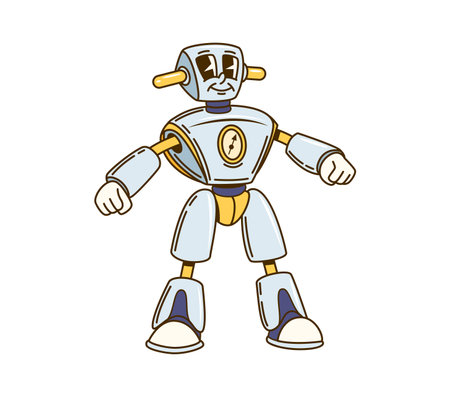 Cartoon groovy robot character standing confidently with fists clenched and playful smile. Isolated vector ai tech droid personage exudes friendly and nostalgic sci fi retro futuristic vibe of 80sのイラスト素材