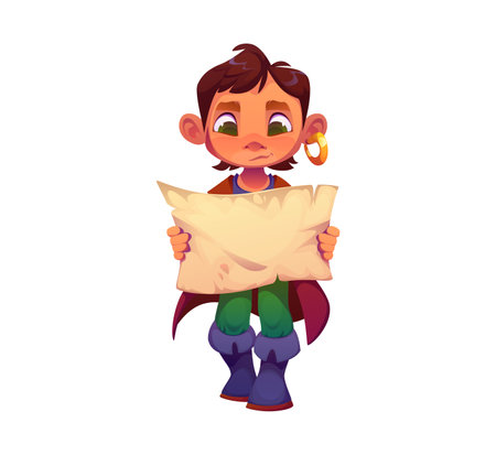 Cartoon kid corsair pirate character in carnival party costume holding treasure map. Isolated vector child buccaneer personage searching hidden riches on the secret island. Baby boy rover freebooterのイラスト素材