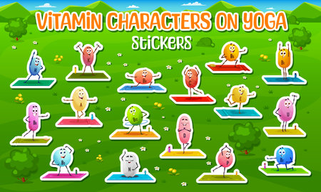 Stickers pack of vitamin characters on yoga fitness. B1, N, E minerals capsules cartoon funny characters vector stickers. D, H, C micronutrient or vitamin dragee cute personages doing yoga exercisesのイラスト素材