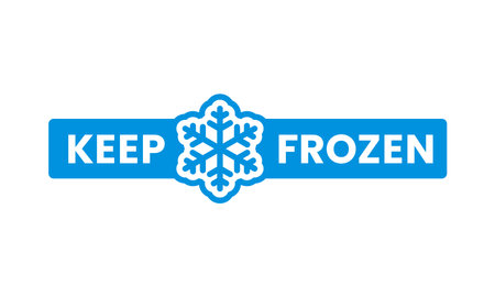 Keep frozen blue icon, cold product label. Deep freezing food product, keep cold vector label, refrigerated fish, frozen meat or seafood packaging tag or icon with blue snowflakeのイラスト素材