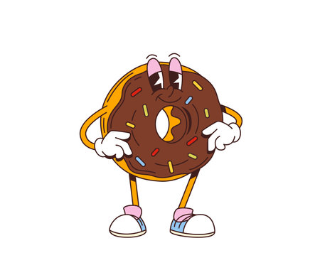 Cartoon retro donut groovy character. Isolated vector vibrant doughnut pastry dessert personage with funky smile, chocolate glaze and colorful sprinkles, embodies a 70s vibe, with a wide, cheery smileのイラスト素材