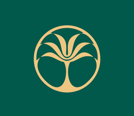 Tropical summer tropical palm beach tree icon. Vector golden palm tree plant inside of circle on a dark green background, symbolizing growth, nature, summer beach vacation and exotic travel recreationのイラスト素材